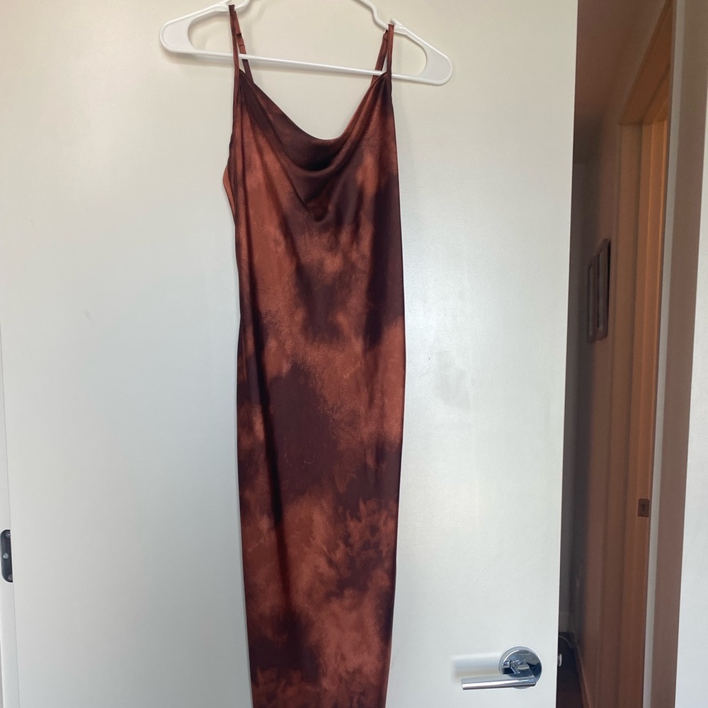 BEBE Rust Orange Satin Maxi Dress